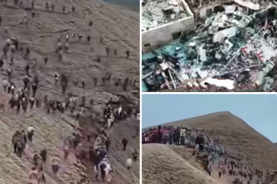 The videos typically depict groups of people – families with children, elderly individuals, and others – moving hastily through rugged terrain